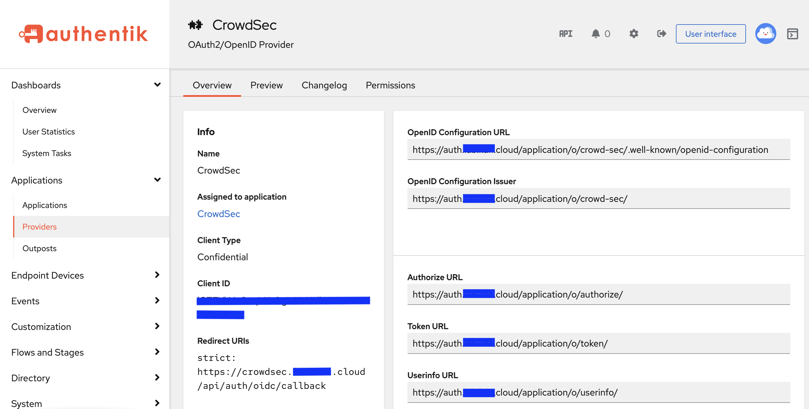 Authentik provider settings for CrowdSec Web UI
