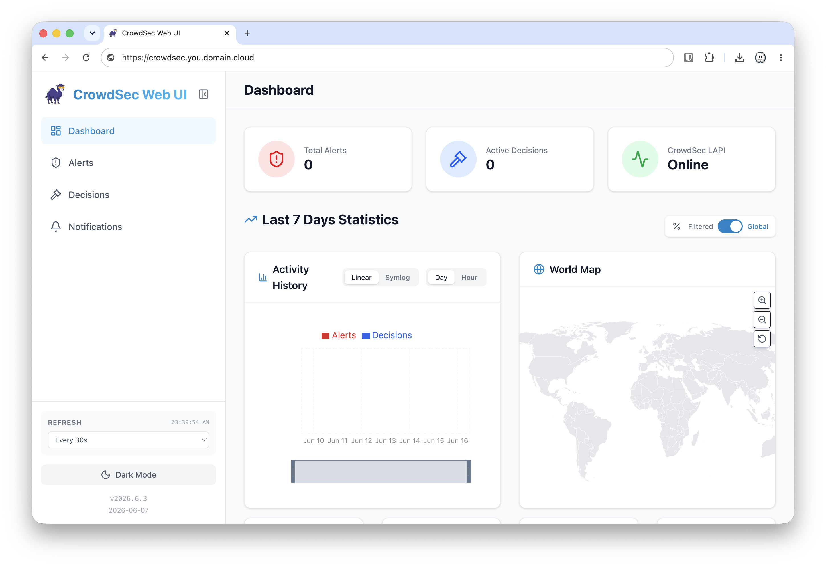 CrowdSec local web UI dashboard showing alerts, decisions, LAPI health, and activity history