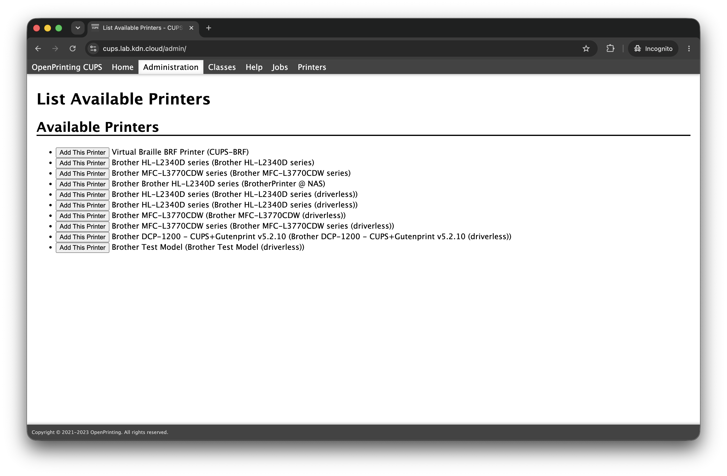 CUPS Administration listing available printers discovered over Bonjour and exposed as driverless IPP Everywhere targets