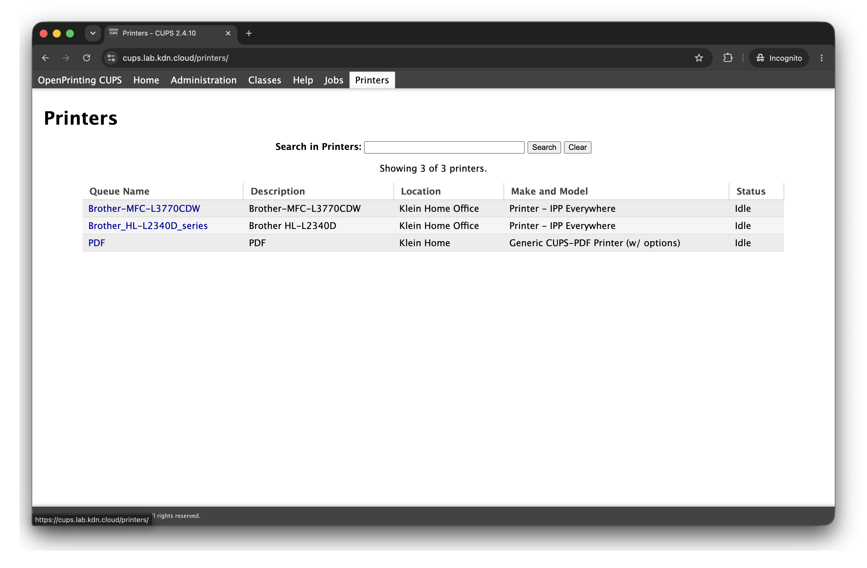 CUPS printers page showing both Brother printers configured and idle
